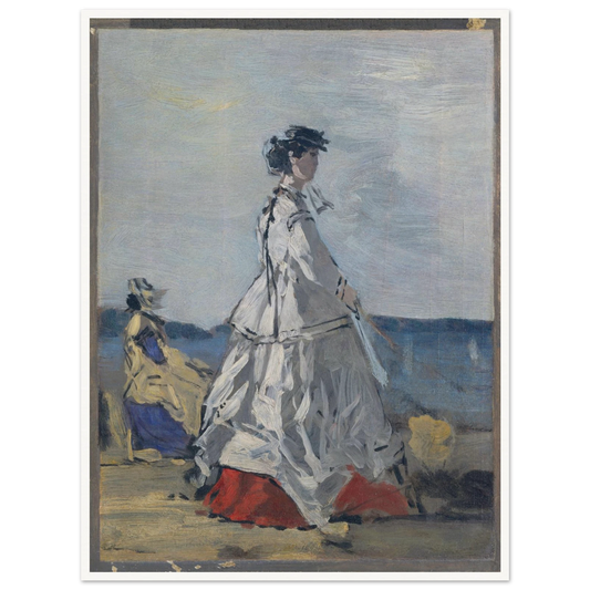 Two women in light dresses stand and sit by the sea under a pale sky