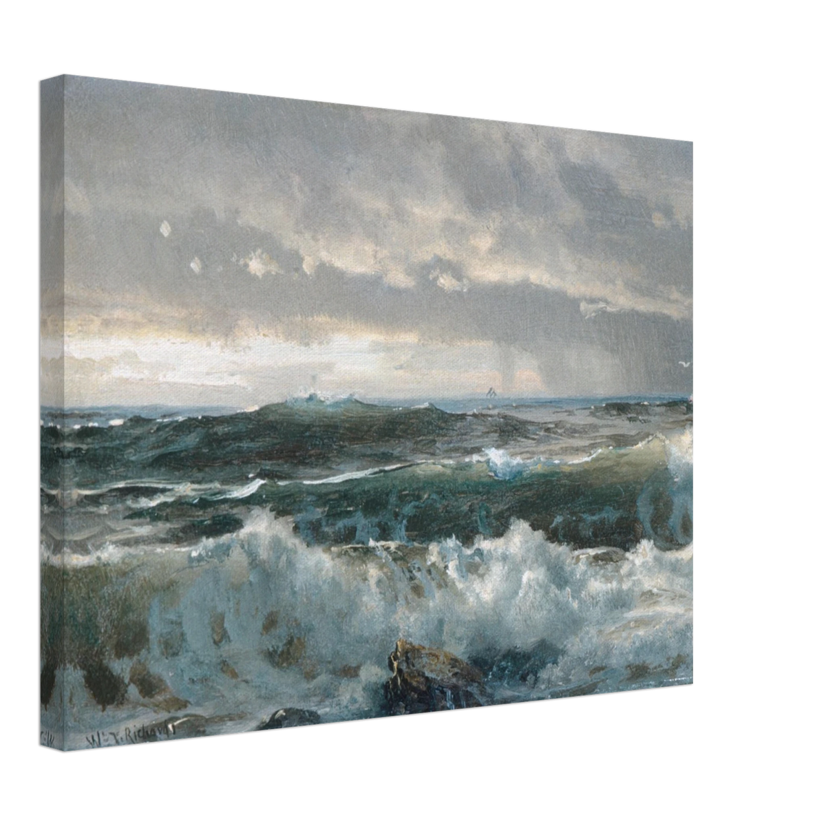 Stormy waves crash over dark rocks beneath heavy gray clouds in a dramatic seascape.