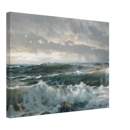 Stormy waves crash over dark rocks beneath heavy gray clouds in a dramatic seascape.