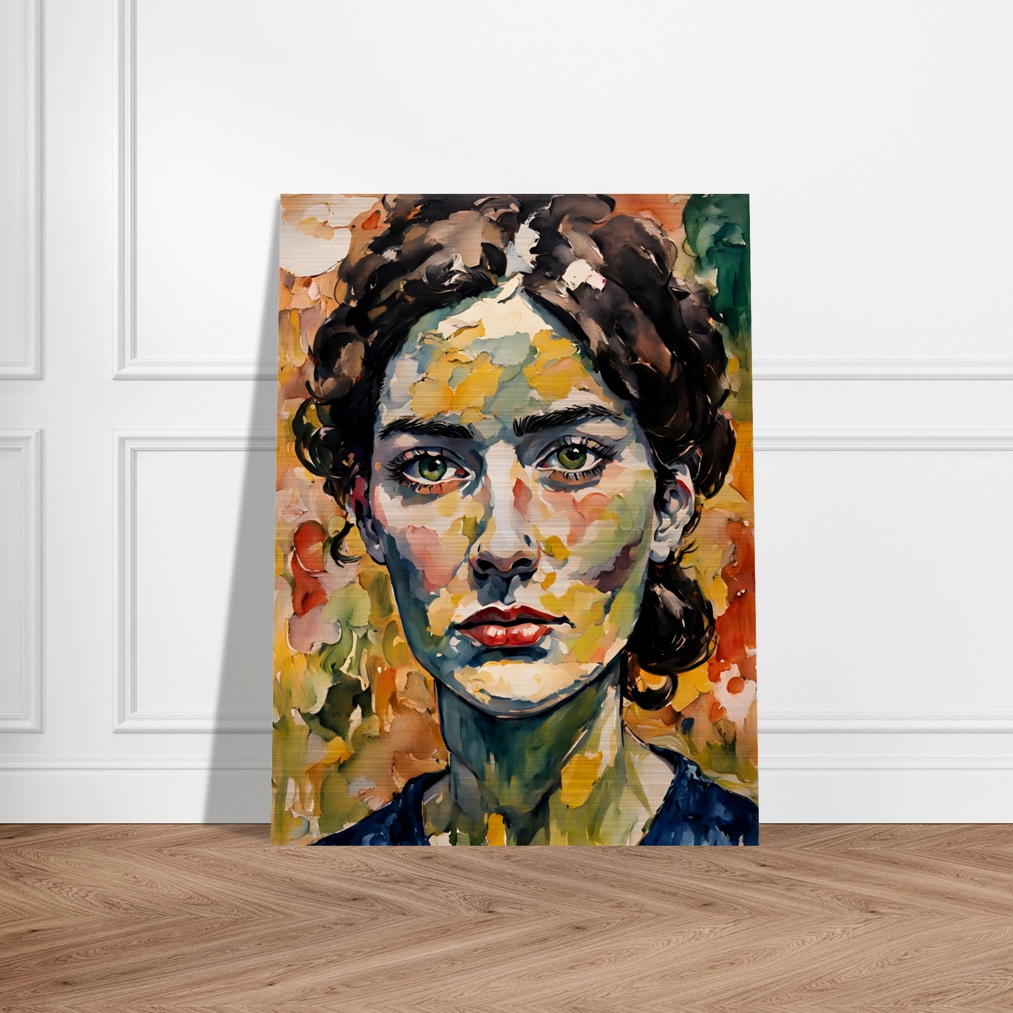 A vibrant portrait of a woman with deep green eyes, expressive red lips, and a textured face blending warm autumn hues in bold brushstrokes.