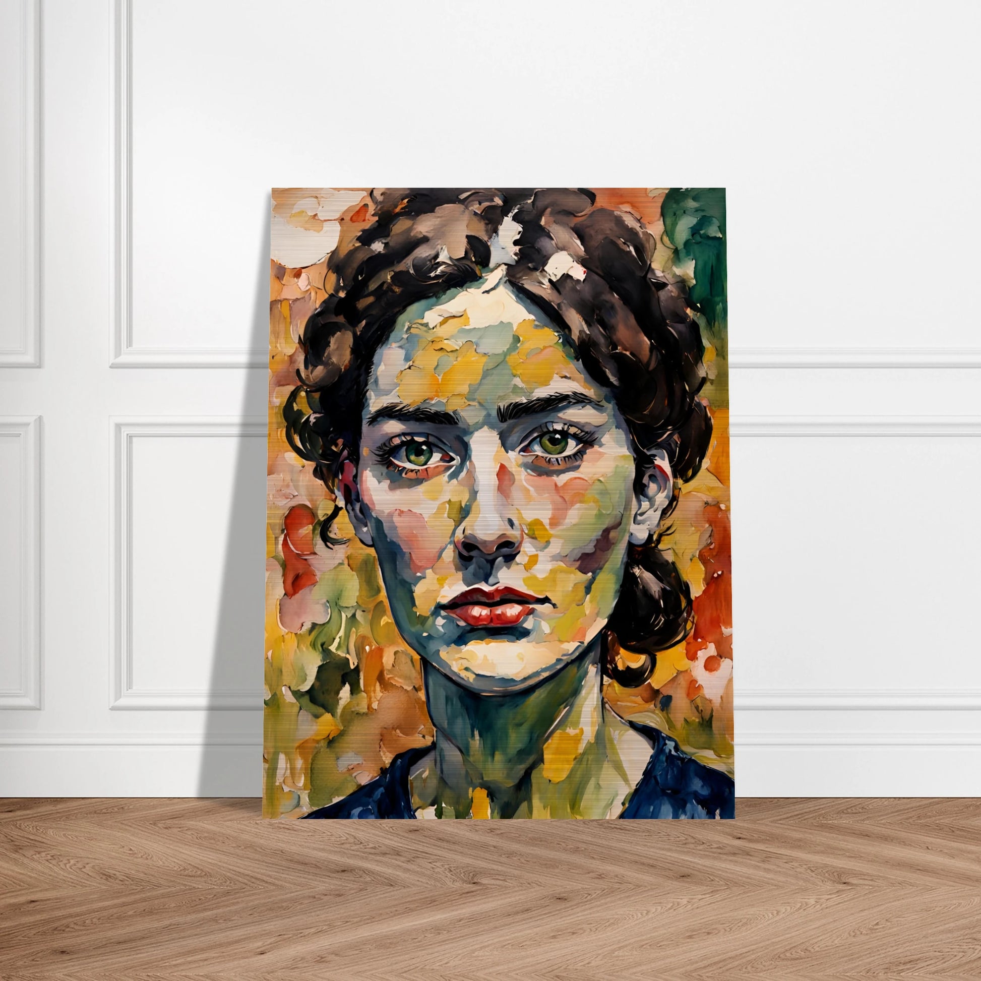A vibrant portrait of a woman with deep green eyes, expressive red lips, and a textured face blending warm autumn hues in bold brushstrokes.