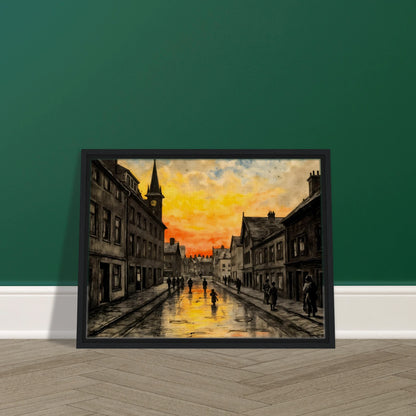 A vintage town street glows beneath a fiery sunset, with wet cobblestones reflecting amber skies and quiet figures walking home.