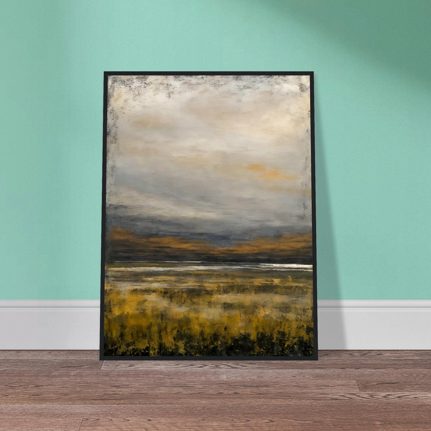 A tranquil landscape featuring golden marsh grasses beneath a vast gray sky, with distant hills and reflective water creating a calm, atmospheric scene.