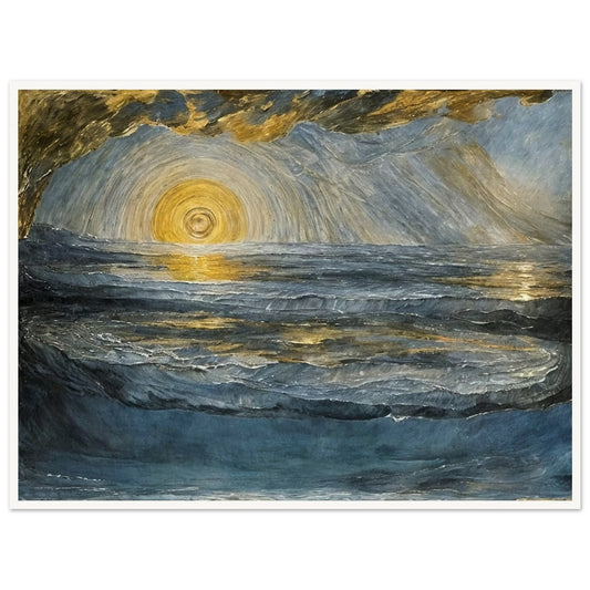 A stunning seascape painting with a radiant golden sun reflecting on the rippling waves, surrounded by dramatic clouds and cool blue tones.