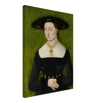 A woman in a black dress and broad hat poses against a green background with gold jewelry.