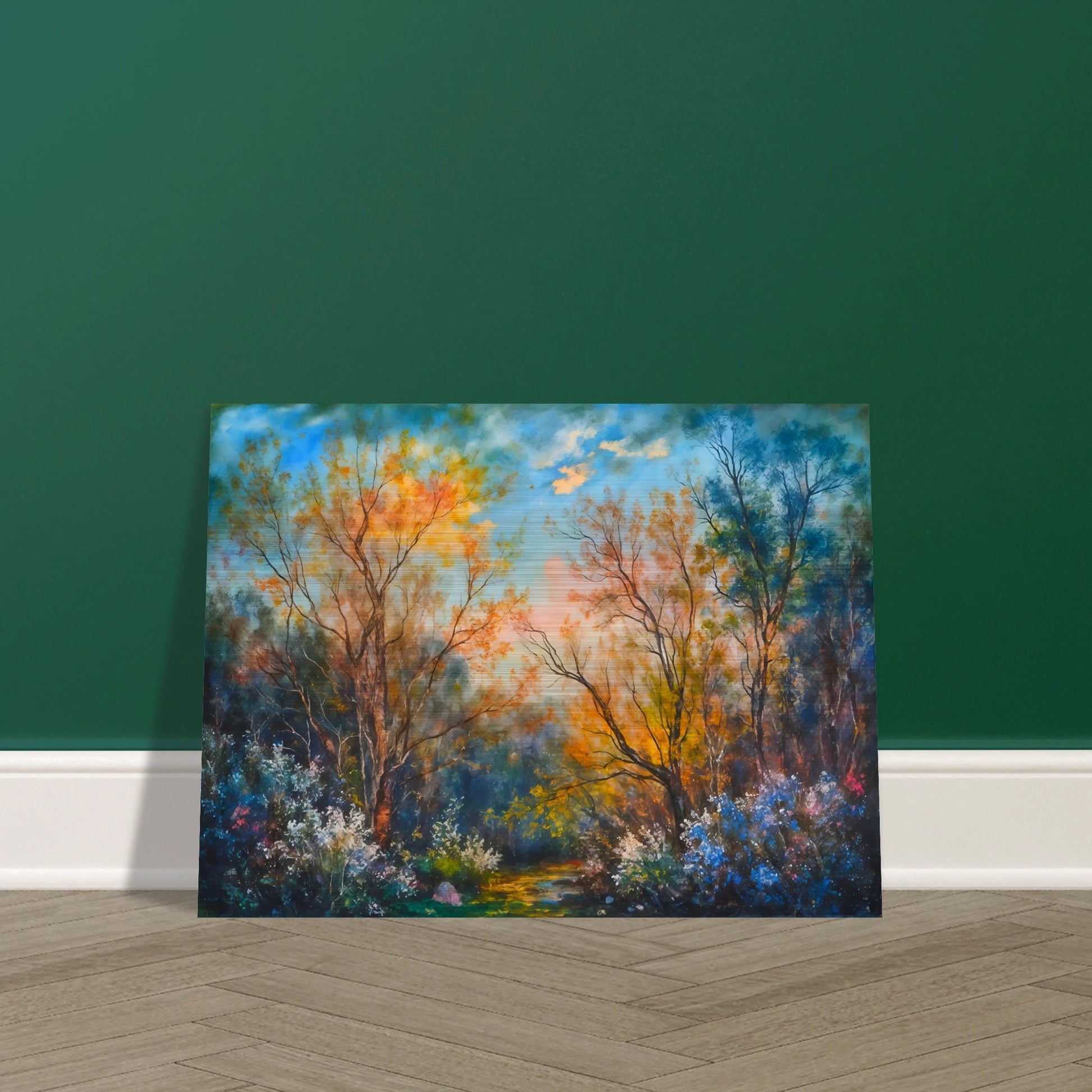 Radiant woodland scene with glowing autumn trees, delicate wildflowers, and a sunlit forest path beneath a vivid blue sky.