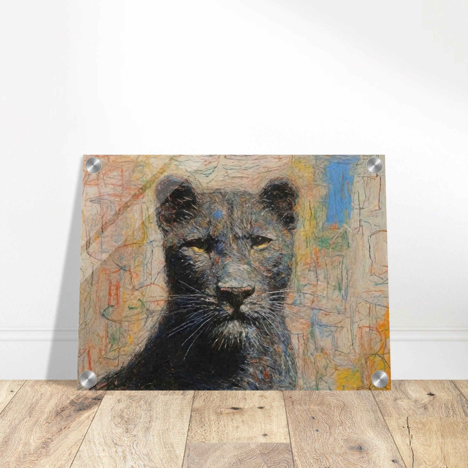 A powerful and regal painting of a panther with piercing yellow eyes and a colorful abstract background.