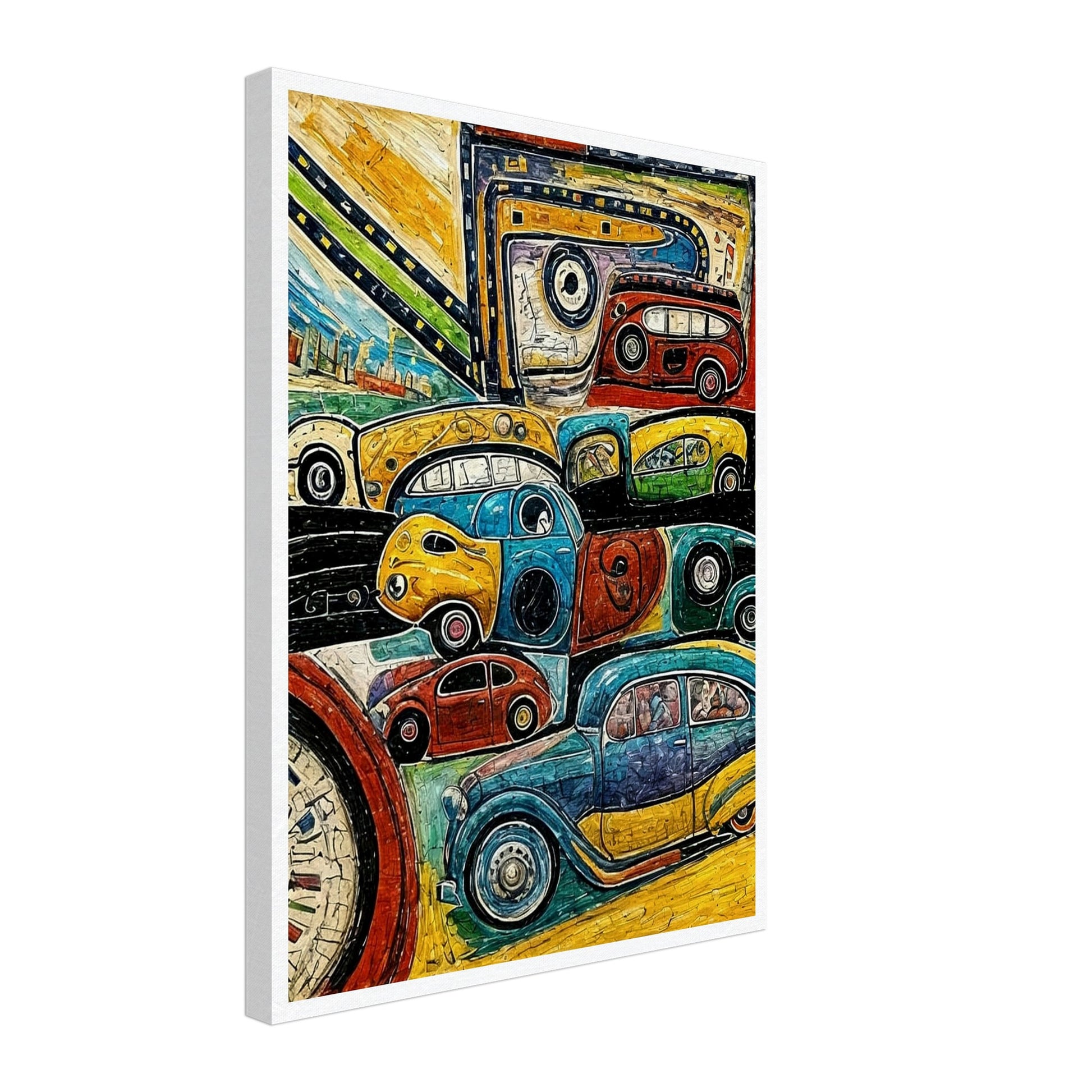 A lively artwork featuring vibrant, multi-colored vintage cars in various shapes and sizes on a winding road, showcasing a playful take on travel and motion.