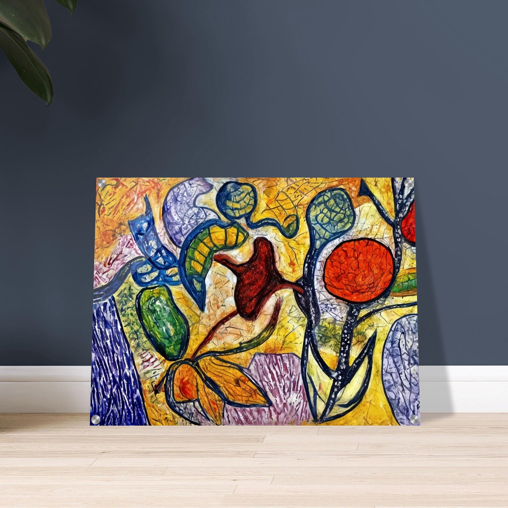 A colorful abstract painting featuring bold outlines of plants, fruits, and leaves in vibrant reds, yellows, blues, and greens