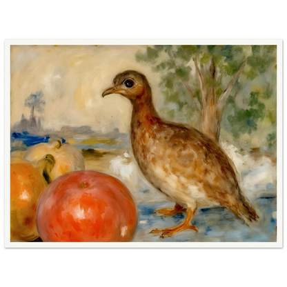 A brown bird stands beside ripe apples in a soft countryside setting, blending still life with gentle pastoral charm.