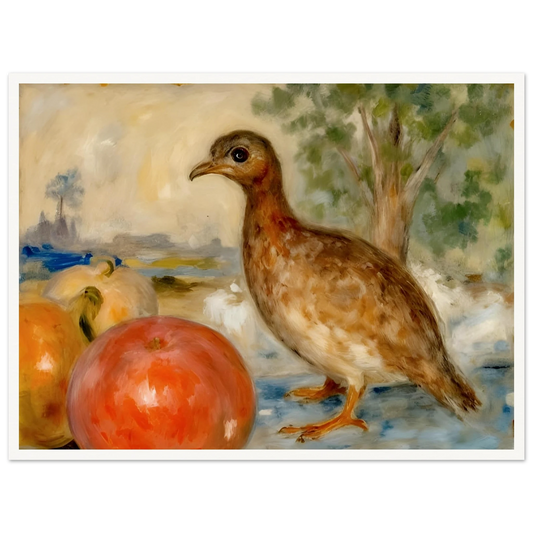 A brown bird stands beside ripe apples in a soft countryside setting, blending still life with gentle pastoral charm.