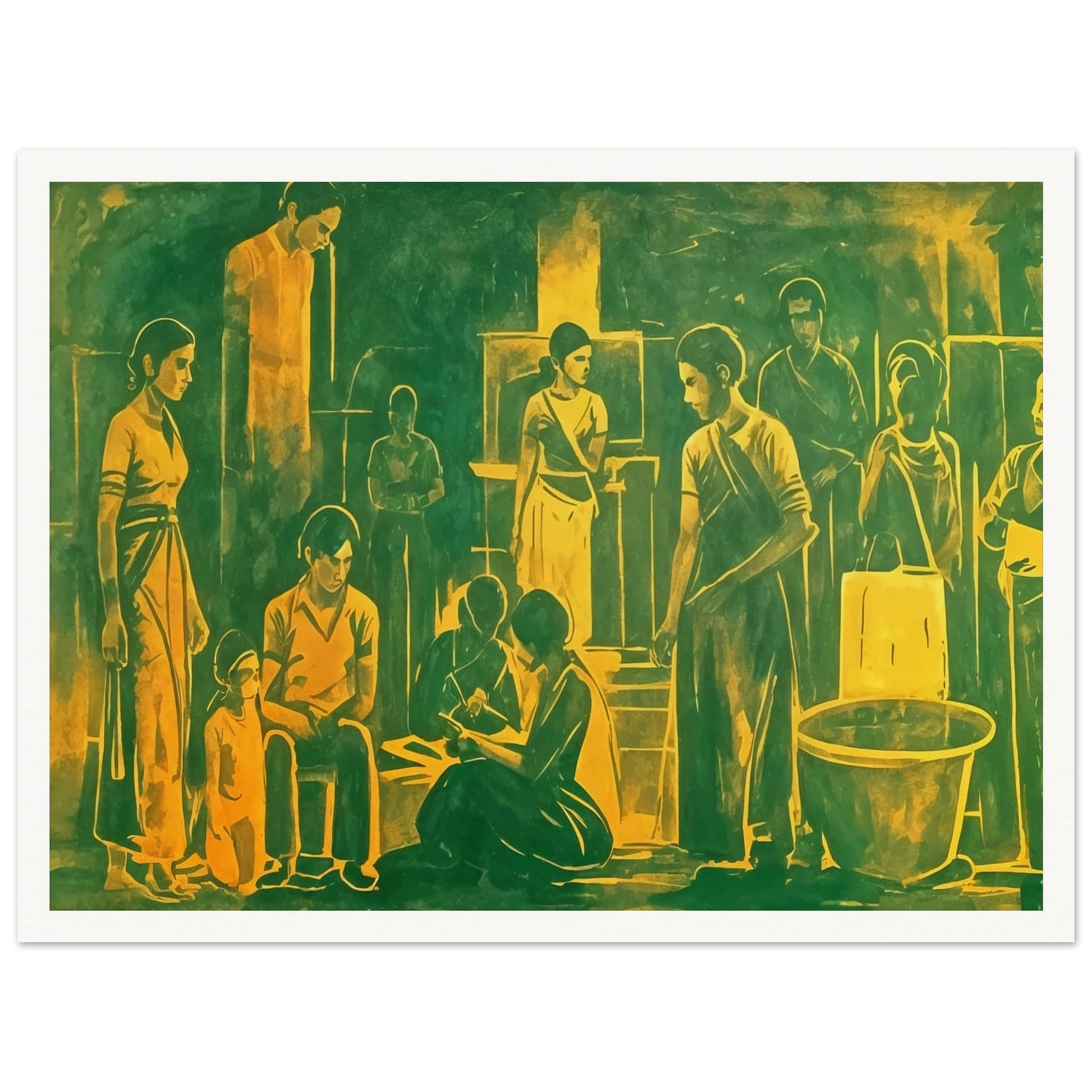 An evocative painting depicting a group of people gathered in a communal space, engaged in various activities. The figures are rendered in warm green and yellow tones, creating a harmonious and unified atmosphere. The scene captures a moment of interaction and shared experience, with each character absorbed in their own task, yet connected to the collective setting. The composition is filled with a sense of quiet strength and unity, highlighting the bonds within the community.