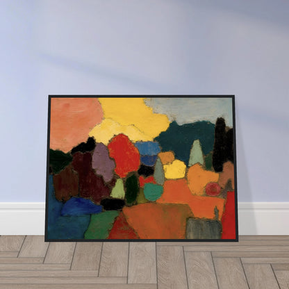 Colorful trees and fields gather beneath a glowing sky, blending rich reds, blues, and golds into a serene landscape.