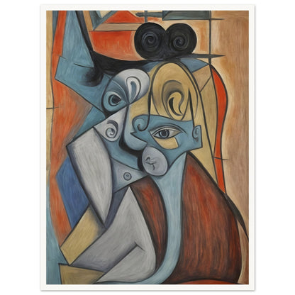 A striking cubist-style portrait featuring overlapping and fragmented facial features in shades of blue, gold, and brown, creating a sense of dynamic distortion.