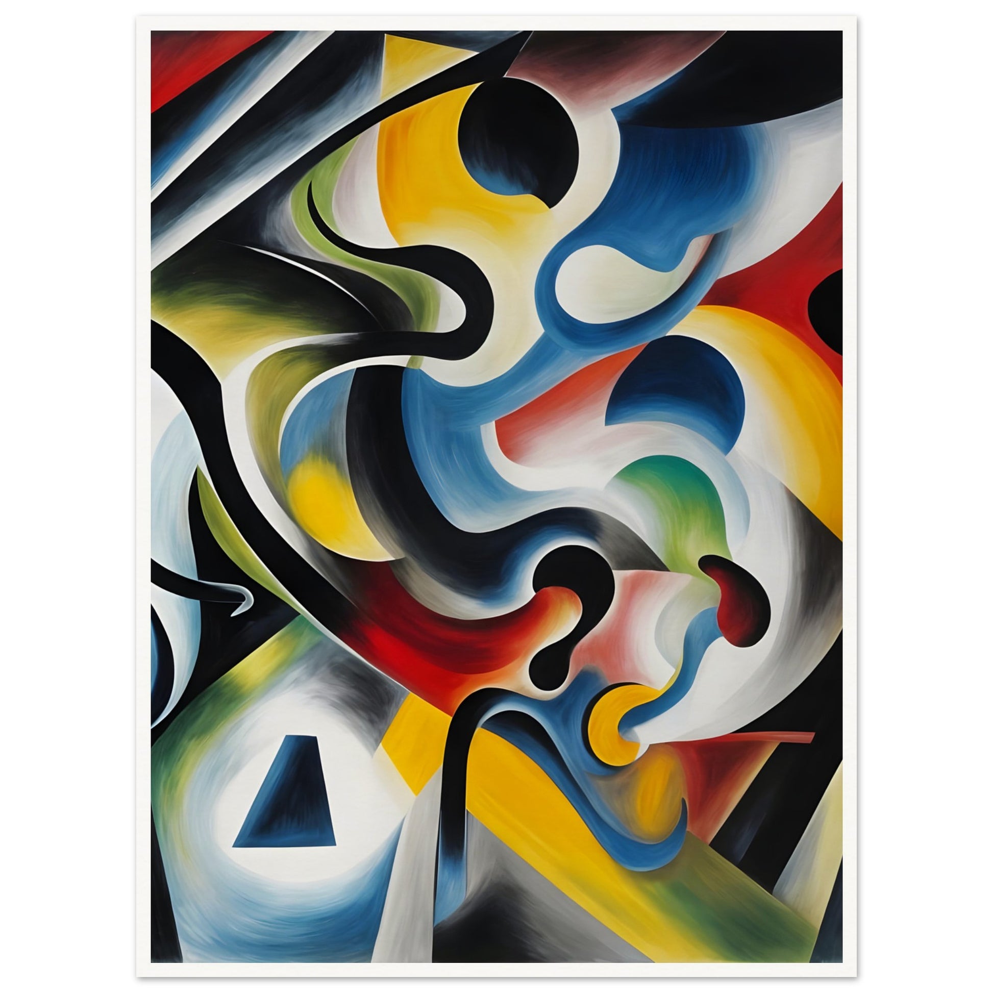 A dynamic composition of swirling colors, bold curves, and geometric shapes creating a fluid, energetic visual movement.