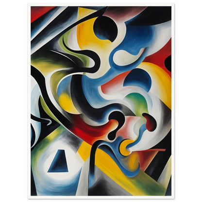 A dynamic composition of swirling colors, bold curves, and geometric shapes creating a fluid, energetic visual movement.