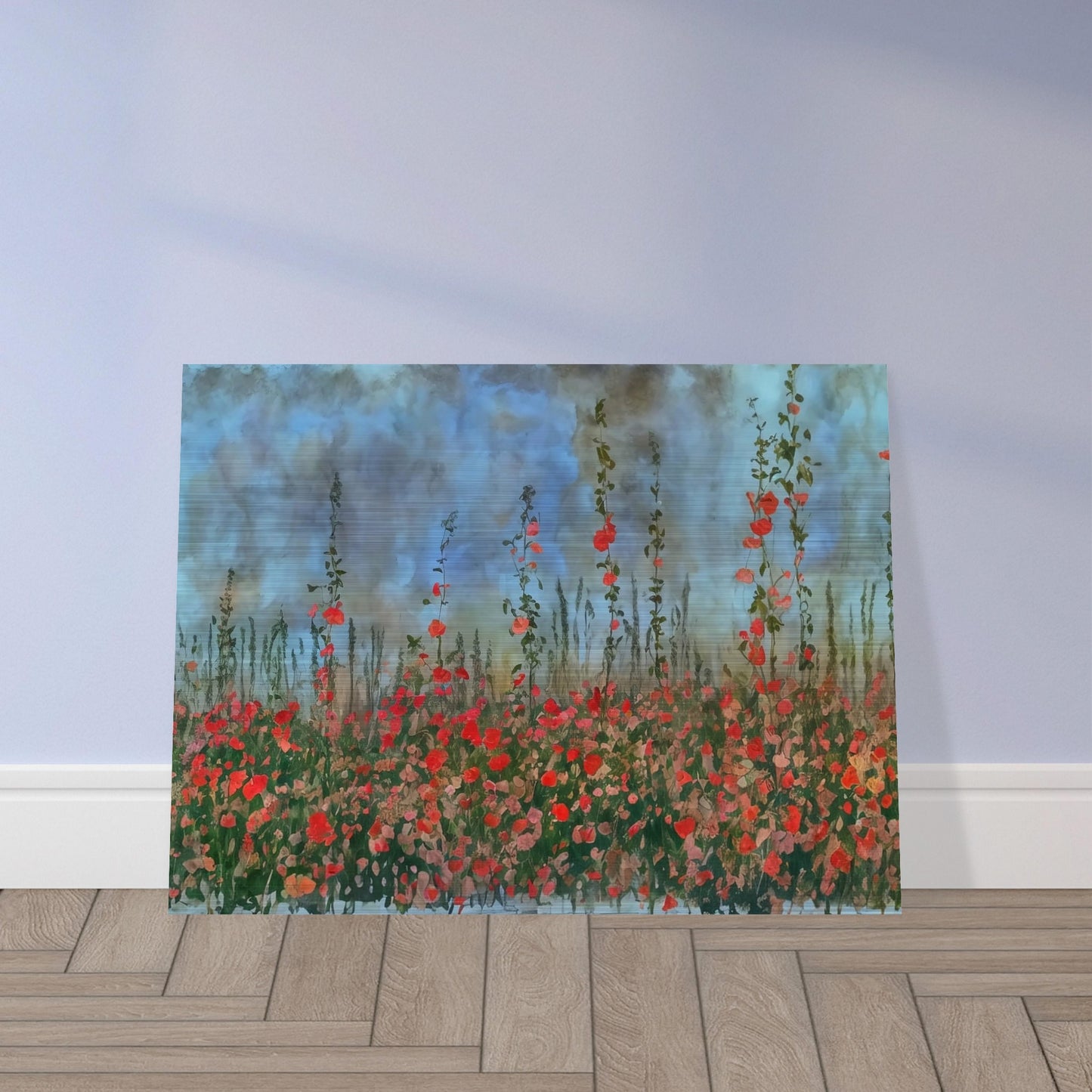 A serene landscape of tall wildflowers with red blooms against a cloudy blue sky, evoking a peaceful and natural atmosphere.