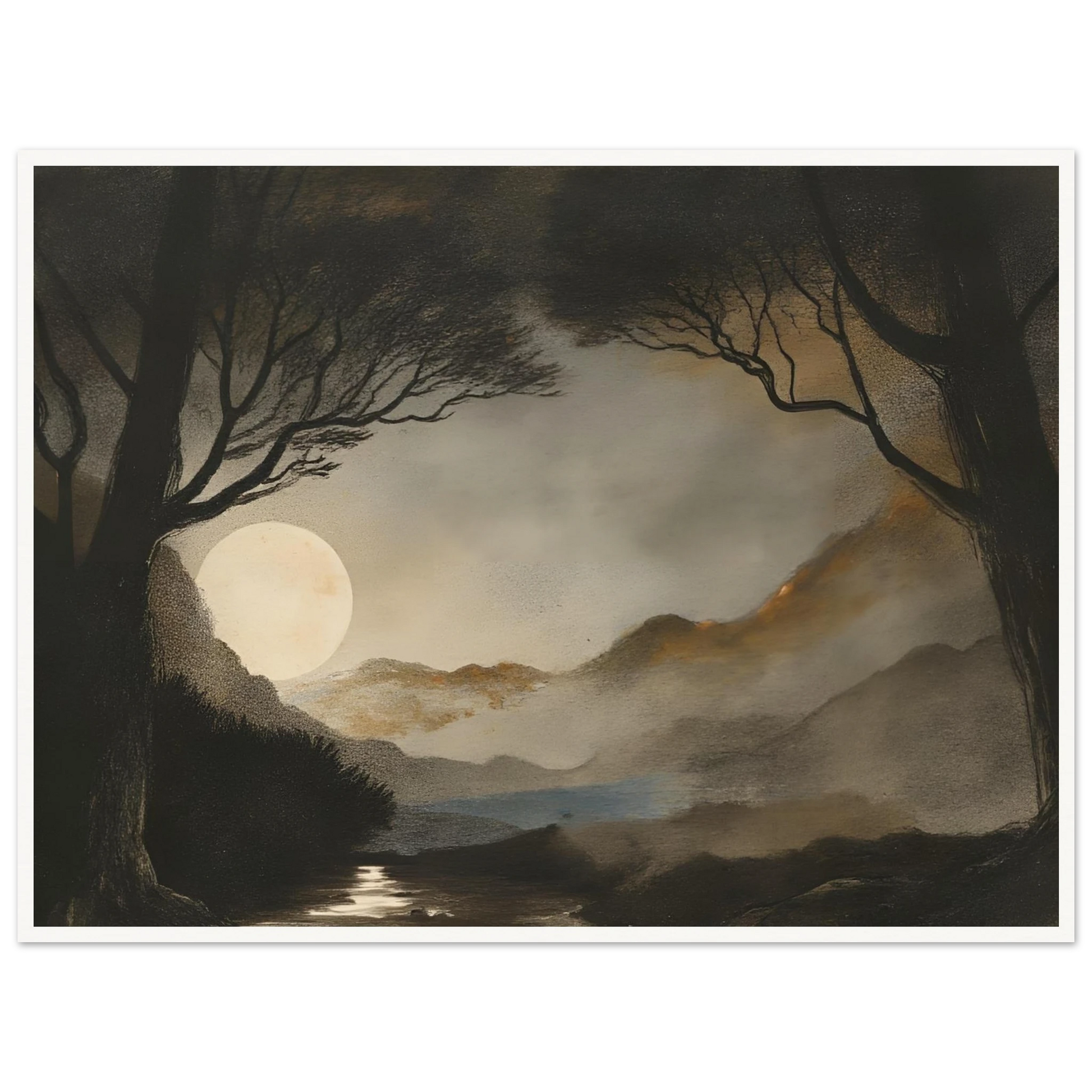 A dreamy night scene of a full moon casting light over misty mountains, dark trees, and a reflective stream.