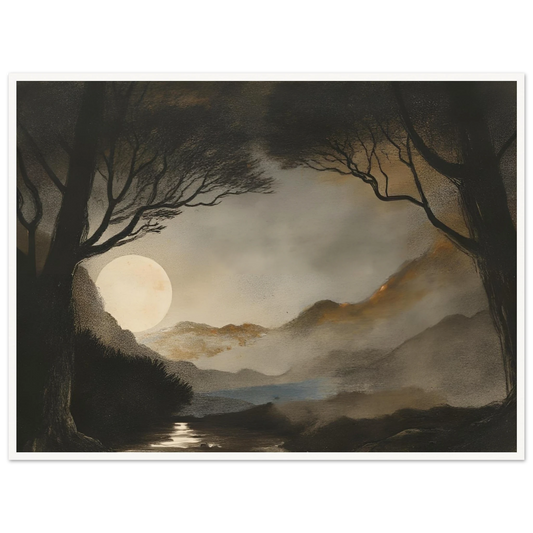 A dreamy night scene of a full moon casting light over misty mountains, dark trees, and a reflective stream.