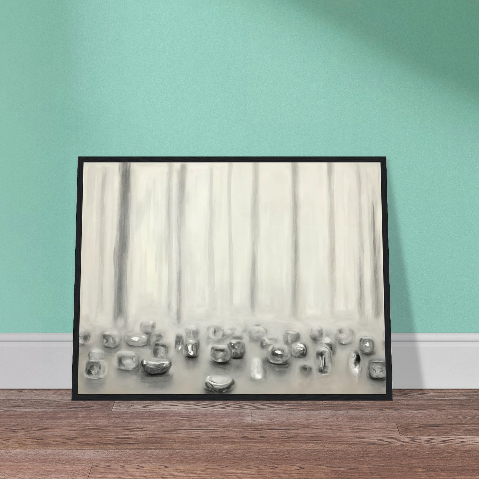 Minimalist pale composition with translucent silver forms resting beneath misty vertical lines in a serene monochrome atmosphere.