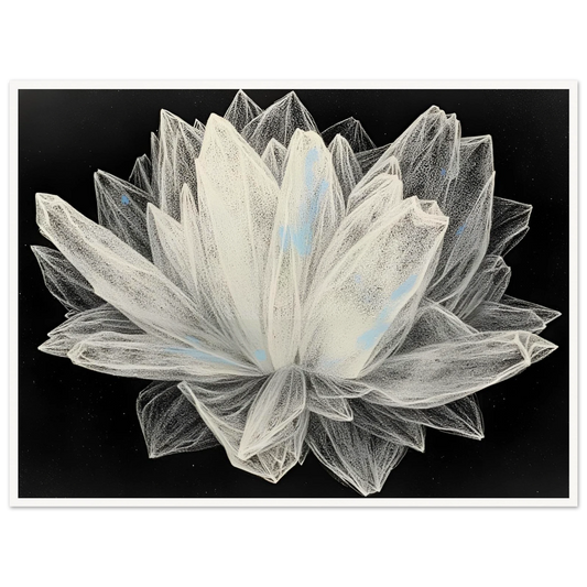 A luminous white crystalline lotus-like bloom floats against a black background, with icy translucent textures and delicate blue accents.