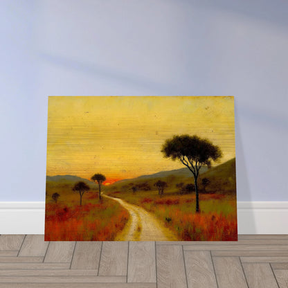 A golden trail winds through a grassy plain at sunset, flanked by scattered trees and glowing hills under a radiant yellow sky.