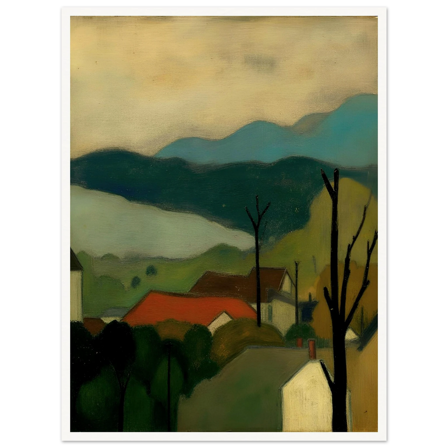 A serene landscape painting depicting a small village with red-roofed houses nestled among trees, set against layered blue-green mountains and a pale sky. Bare tree silhouettes frame the peaceful countryside scene.