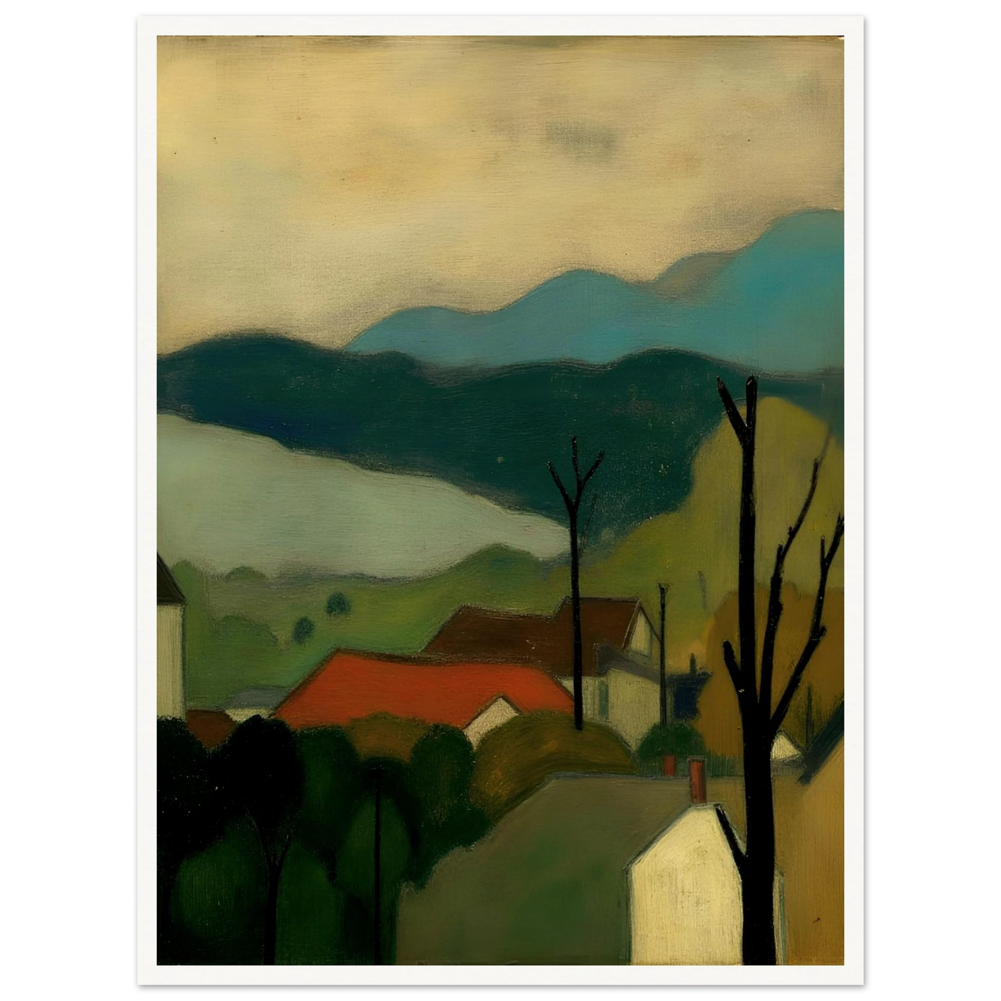 A serene landscape painting depicting a small village with red-roofed houses nestled among trees, set against layered blue-green mountains and a pale sky. Bare tree silhouettes frame the peaceful countryside scene.