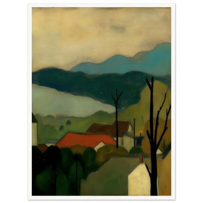 A serene landscape painting depicting a small village with red-roofed houses nestled among trees, set against layered blue-green mountains and a pale sky. Bare tree silhouettes frame the peaceful countryside scene.