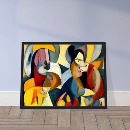 A dynamic cubist painting featuring two abstract human figures, composed of bold geometric shapes in warm and cool tones.