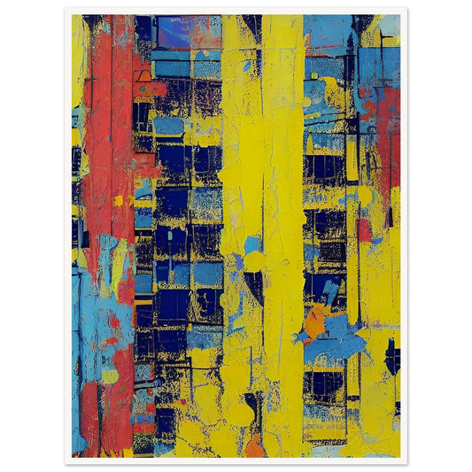 Vibrant abstract painting featuring bold strokes of red, yellow, and blue with a textured, geometric pattern.