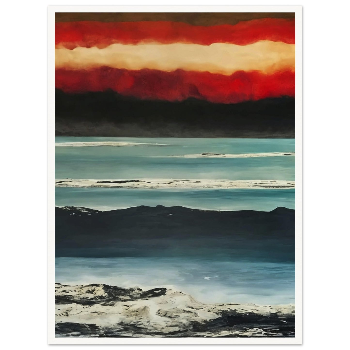 A dramatic painting capturing a coastal landscape at sunset. The sky is filled with intense red and orange hues, transitioning into darker tones as it meets the horizon. Below, the calm sea reflects the varying shades of blue, while the shoreline is marked by rugged, textured terrain. The contrasting colors and textures create a powerful and moody atmosphere in this evocative seascape.