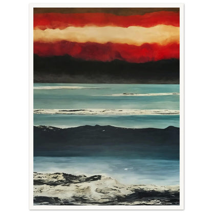 A dramatic painting capturing a coastal landscape at sunset. The sky is filled with intense red and orange hues, transitioning into darker tones as it meets the horizon. Below, the calm sea reflects the varying shades of blue, while the shoreline is marked by rugged, textured terrain. The contrasting colors and textures create a powerful and moody atmosphere in this evocative seascape.