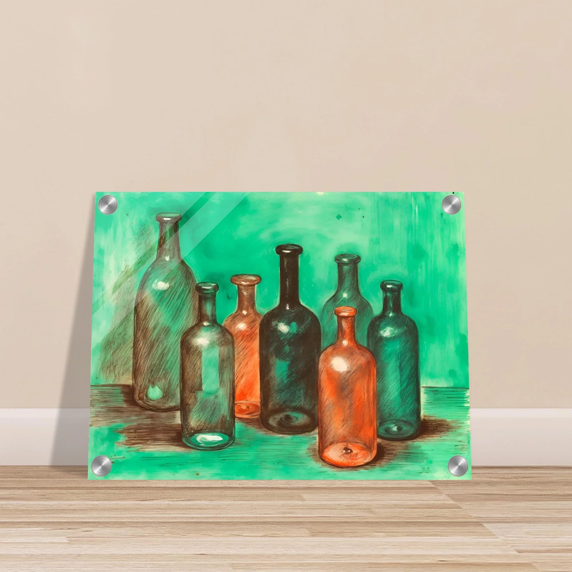 A collection of teal, amber, and smoky glass bottles stands together against a luminous green backdrop, blending stillness with vintage charm.