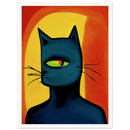 A bold, artistic depiction of a black cat with a single green eye, set against a vibrant orange and yellow abstract background.