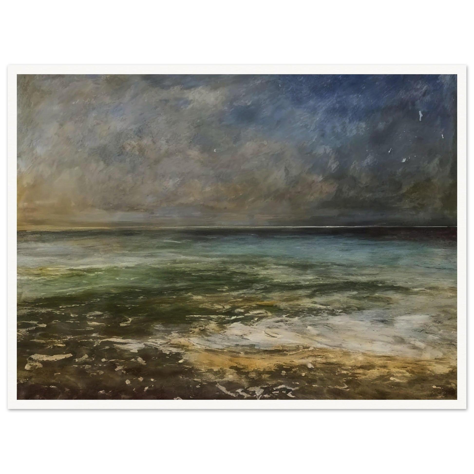 A calm sea under a moody sky, with soft waves rolling onto the shore, capturing the peaceful yet dynamic nature of the ocean.