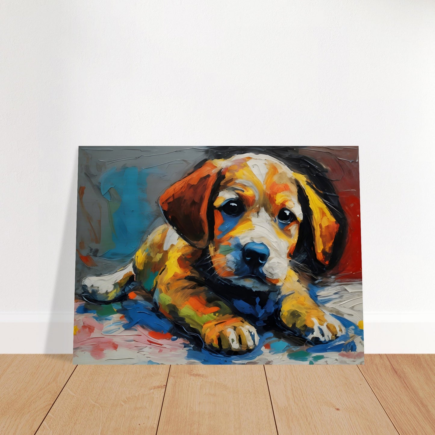 A vibrant and expressive painting of a puppy with warm orange, yellow, and blue tones, capturing its soulful eyes and soft fur.