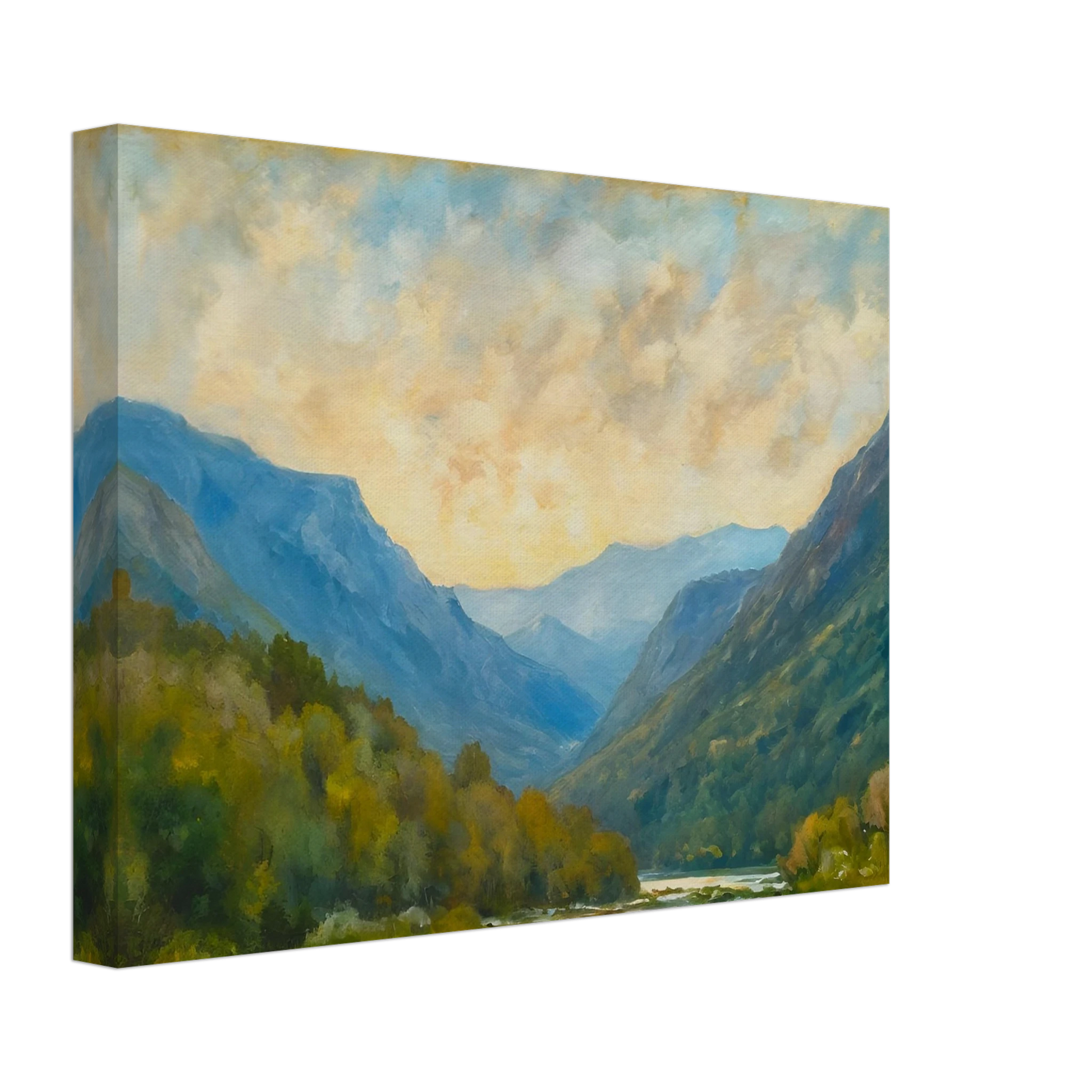 Peaceful mountain valley scene with layered blue ridges, autumn foliage, and a cloudy golden sky.
