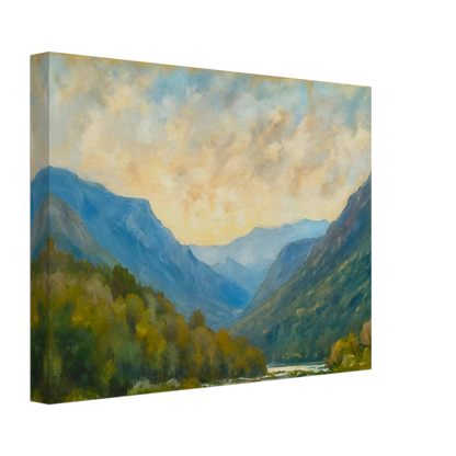 Peaceful mountain valley scene with layered blue ridges, autumn foliage, and a cloudy golden sky.