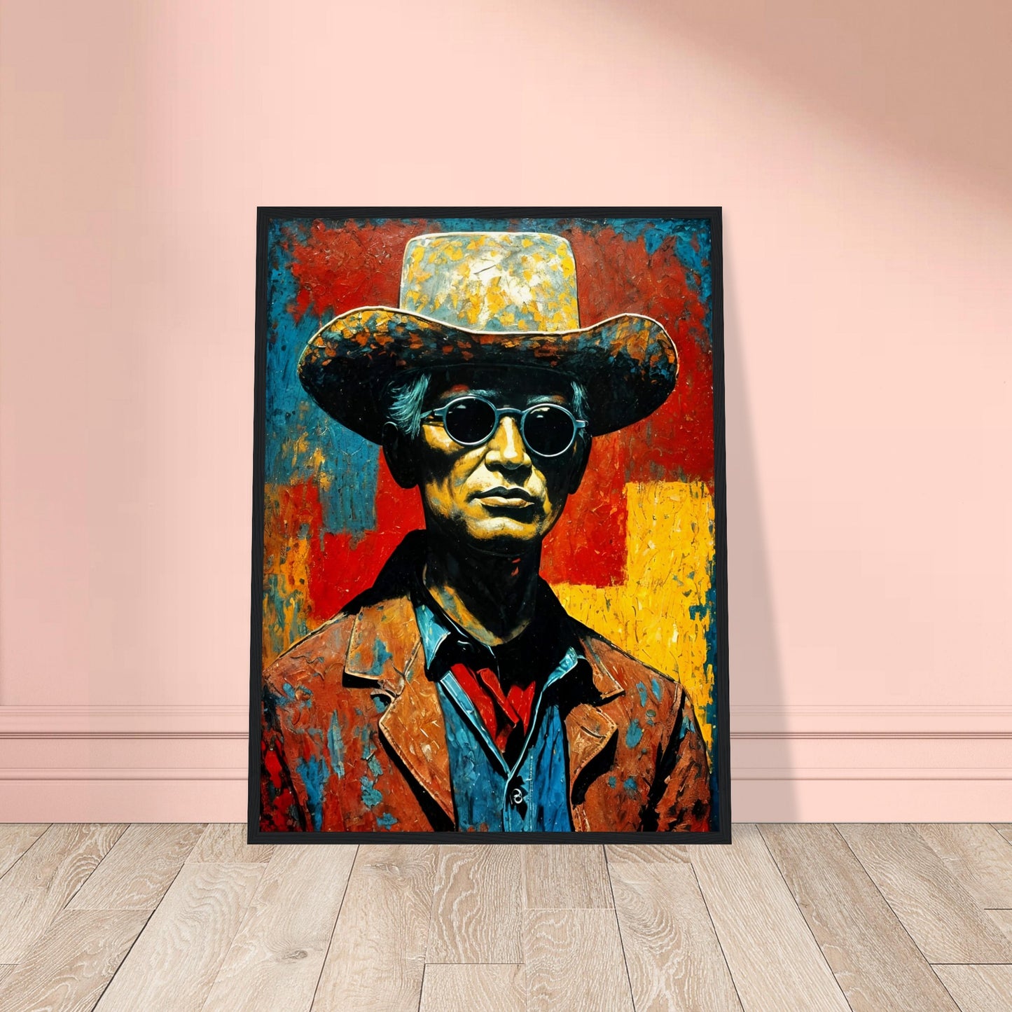 A bold, textured portrait of a cowboy in a weathered hat and sunglasses, set against a vibrant red, yellow, and blue background.