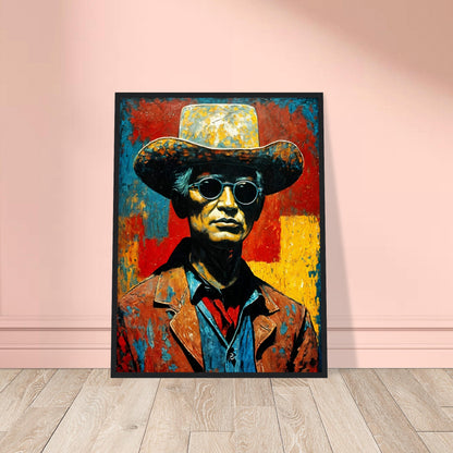 A bold, textured portrait of a cowboy in a weathered hat and sunglasses, set against a vibrant red, yellow, and blue background.