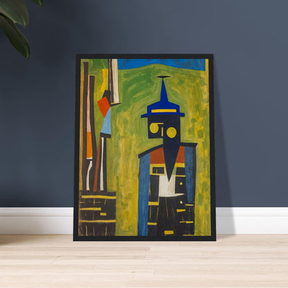 "An abstract painting featuring a geometric figure with a blue hat, composed of bold shapes and colors, set against a green and yellow background."