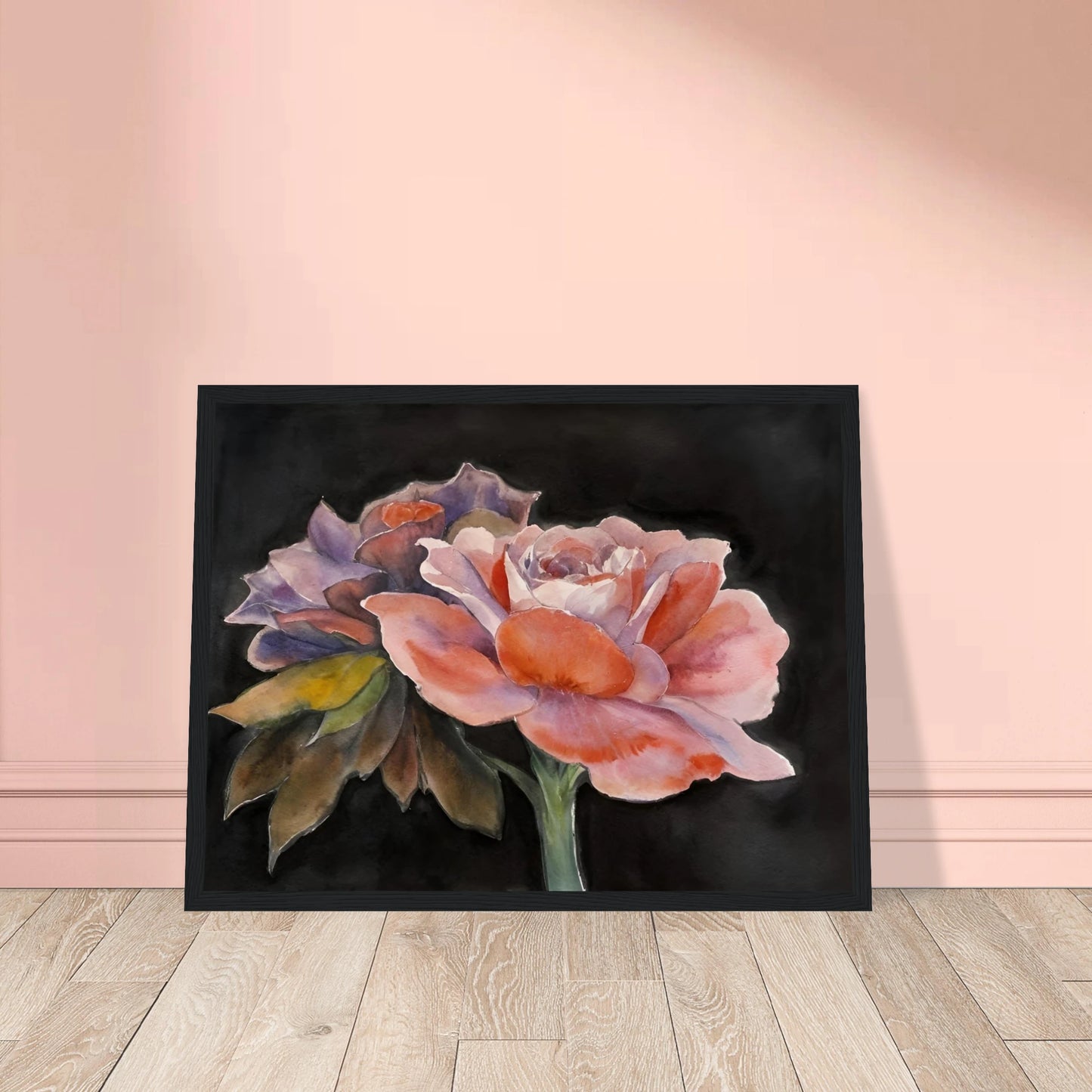 Two delicate watercolor roses with soft pink, purple, and peach tones bloom vividly against a dark background.