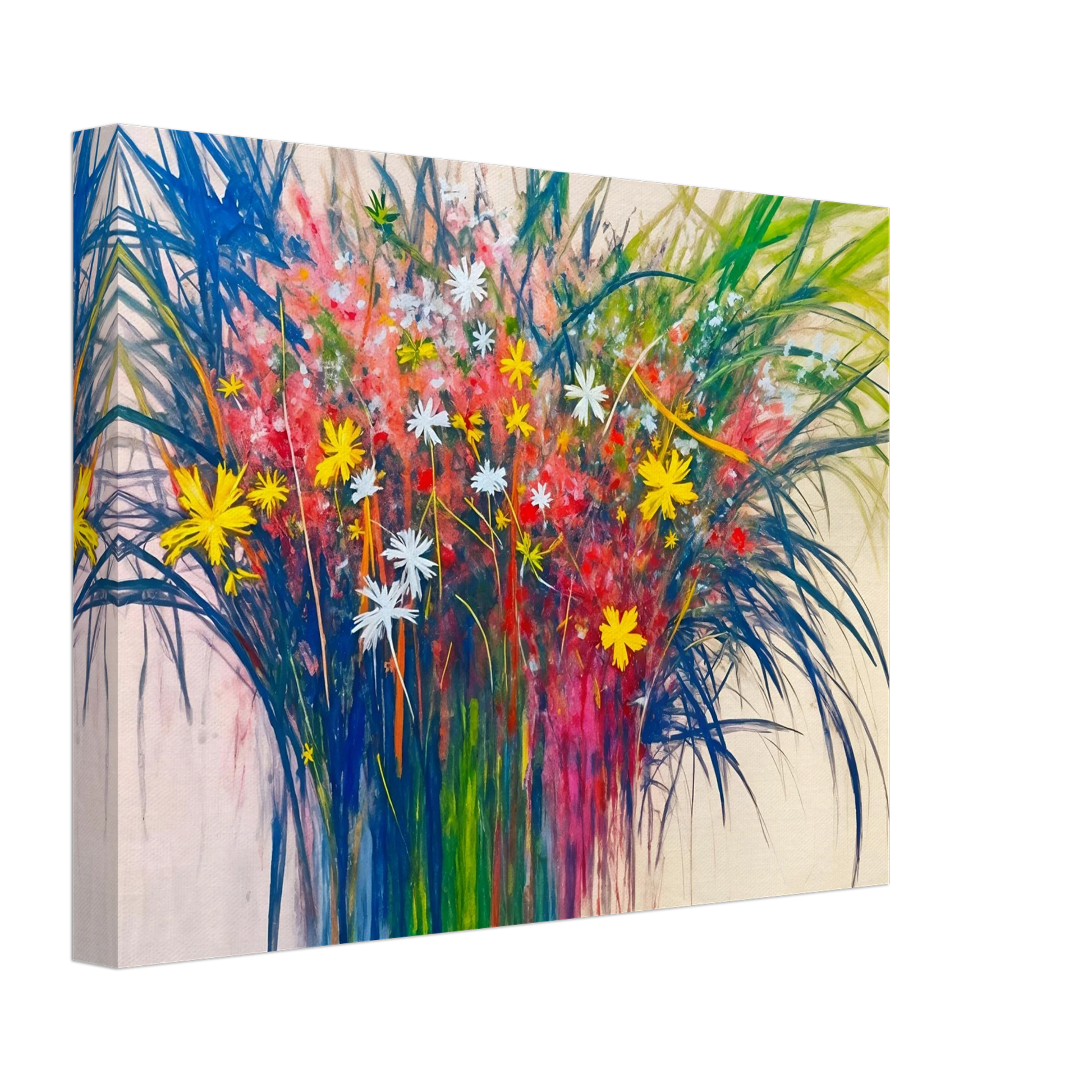 A vibrant explosion of wildflowers in yellow, red, and white bursts from lush green stems, radiating energy and joy.