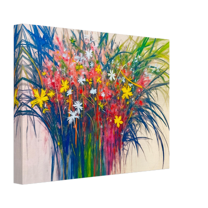 A vibrant explosion of wildflowers in yellow, red, and white bursts from lush green stems, radiating energy and joy.