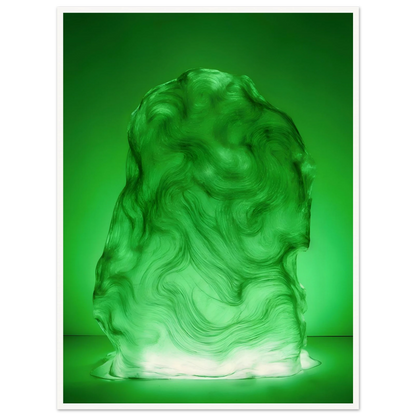 Glowing green sculptural form with fluid marbled swirls rises like illuminated jade, blending movement, mystery, and organic elegance.