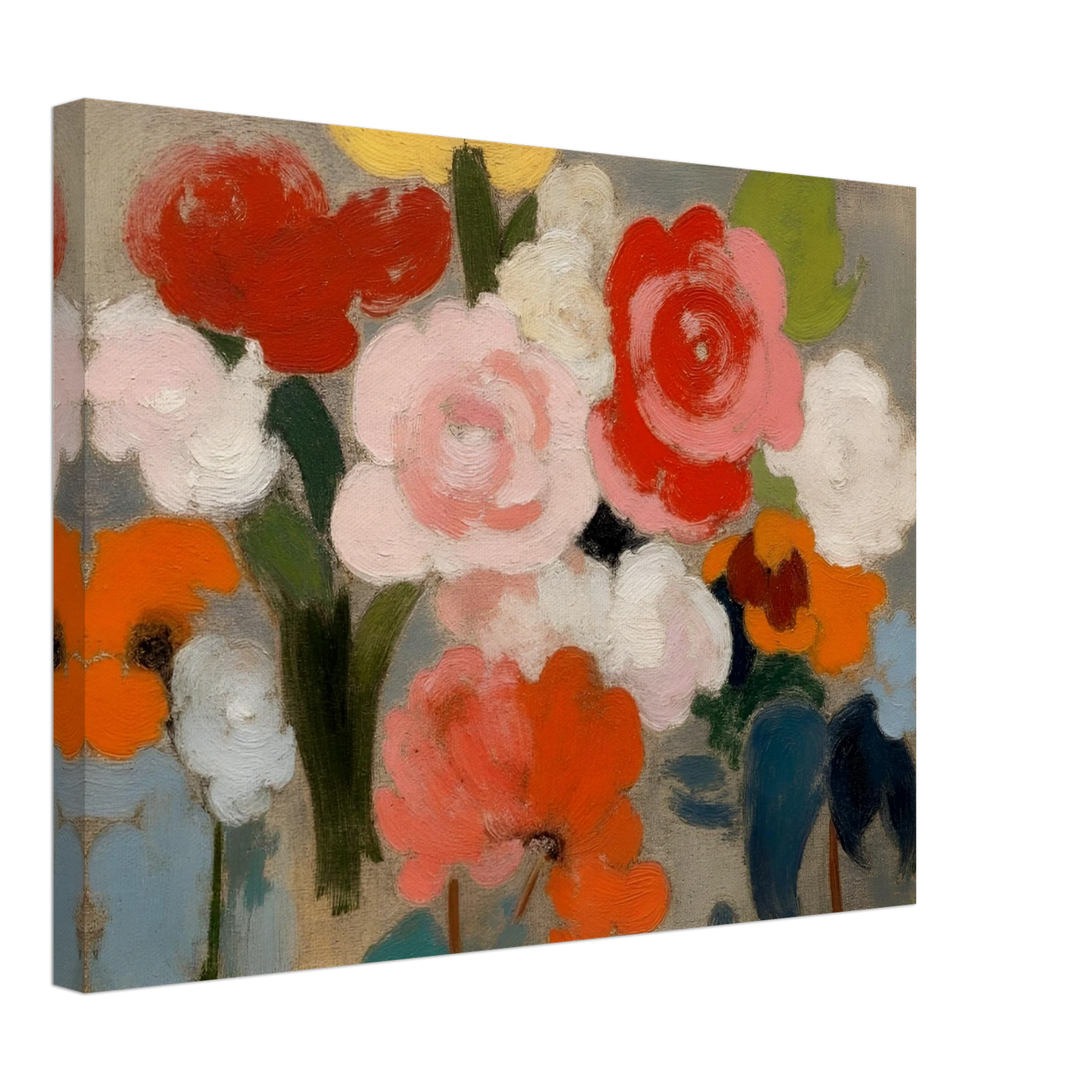 An expressive floral painting featuring large pink, red, white, and orange blossoms with soft green foliage against a muted gray background, rendered in broad painterly brushstrokes.