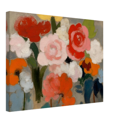 An expressive floral painting featuring large pink, red, white, and orange blossoms with soft green foliage against a muted gray background, rendered in broad painterly brushstrokes.