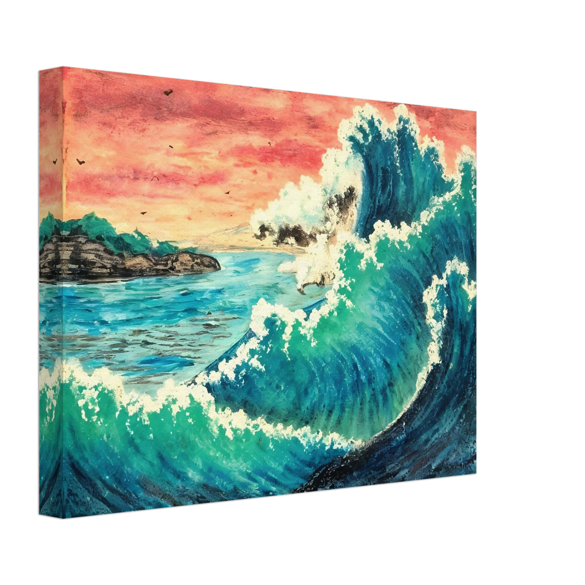Towering ocean wave crashes under a fiery sunset sky, with distant cliffs and birds in view.