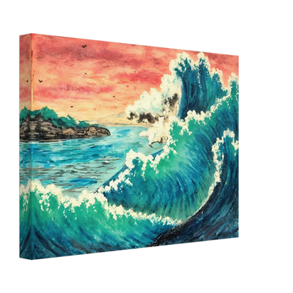 Towering ocean wave crashes under a fiery sunset sky, with distant cliffs and birds in view.